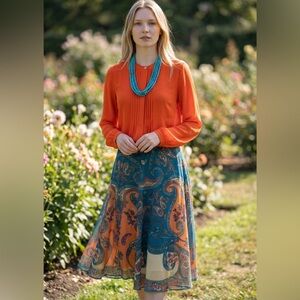 J. Peterman Paisley Skirt Size 8 Bohemian Midi Skirt Blue Orange